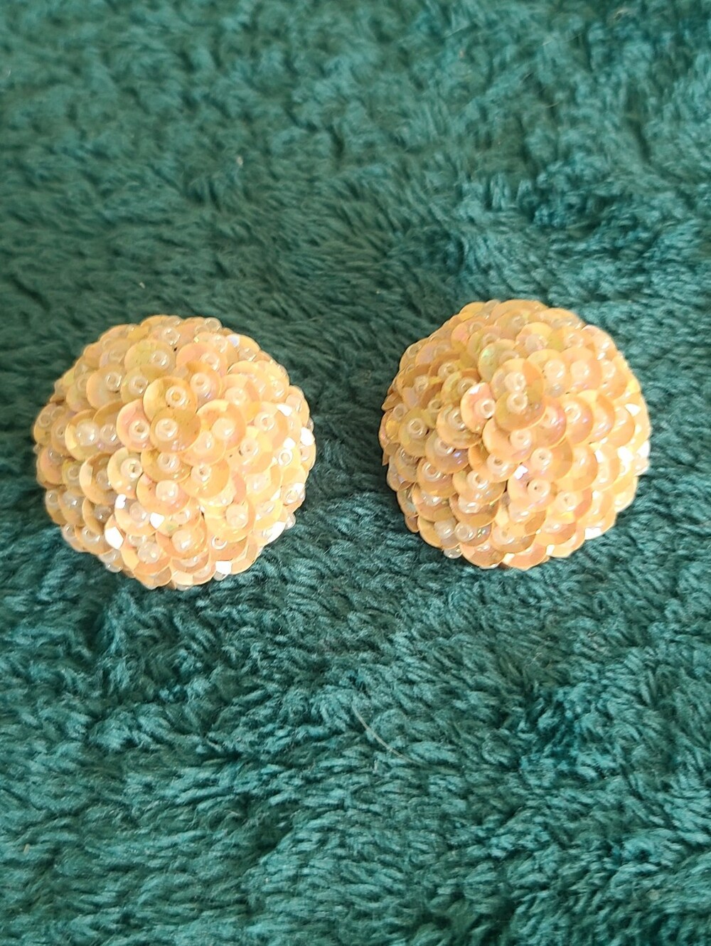 Vintage Iridescent Peach Sequin And Seed Bead Dome Clip-On Earrings